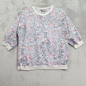 Vintage Box Office Top Womens L Pink Blue Floral Short Sleeve Crew Neck Pullover